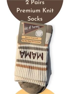 Dot of Honey "MAMA" Retro Knit Crew Socks - Cream & Brown - 2 Pairs